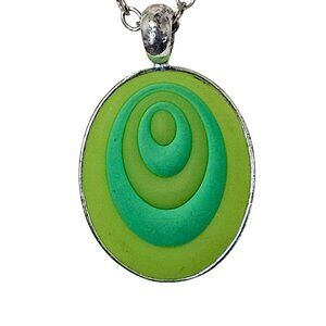 Green & Silver Retro Style Necklace With Circular Pendant On Adjustable Chain